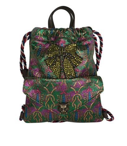 Animalier Bow Drawstring Backpack, &pound;420, Handbags, Gold/Green/Pink, Fabric, Front view